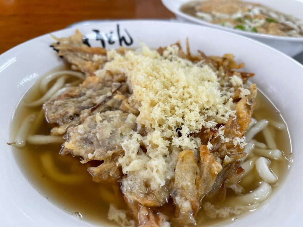 宮崎百姓うどんーごぼう天にたぬきのトッピング