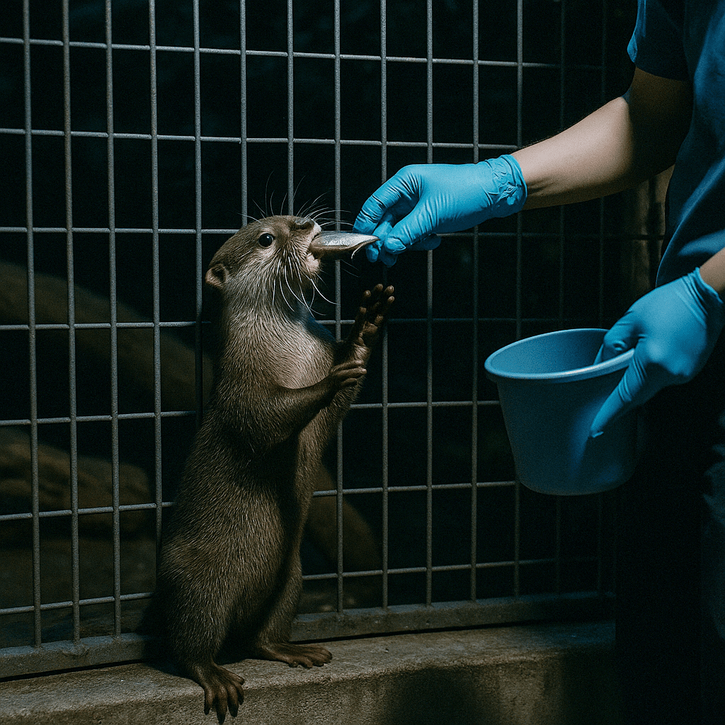 夜の動物園で飼育員から魚をもらうカワウソ。檻越しに立ち上がって餌を受け取る様子が愛らしく描かれている。