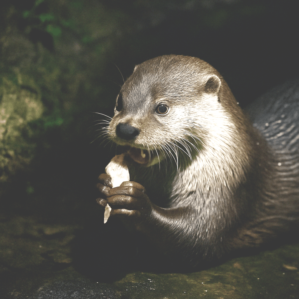 「夜の岩場で魚を両手で持ち、夢中でかじるカワウソ。光に濡れた毛並みが浮かび上がり、瞳がきらりと光っている」