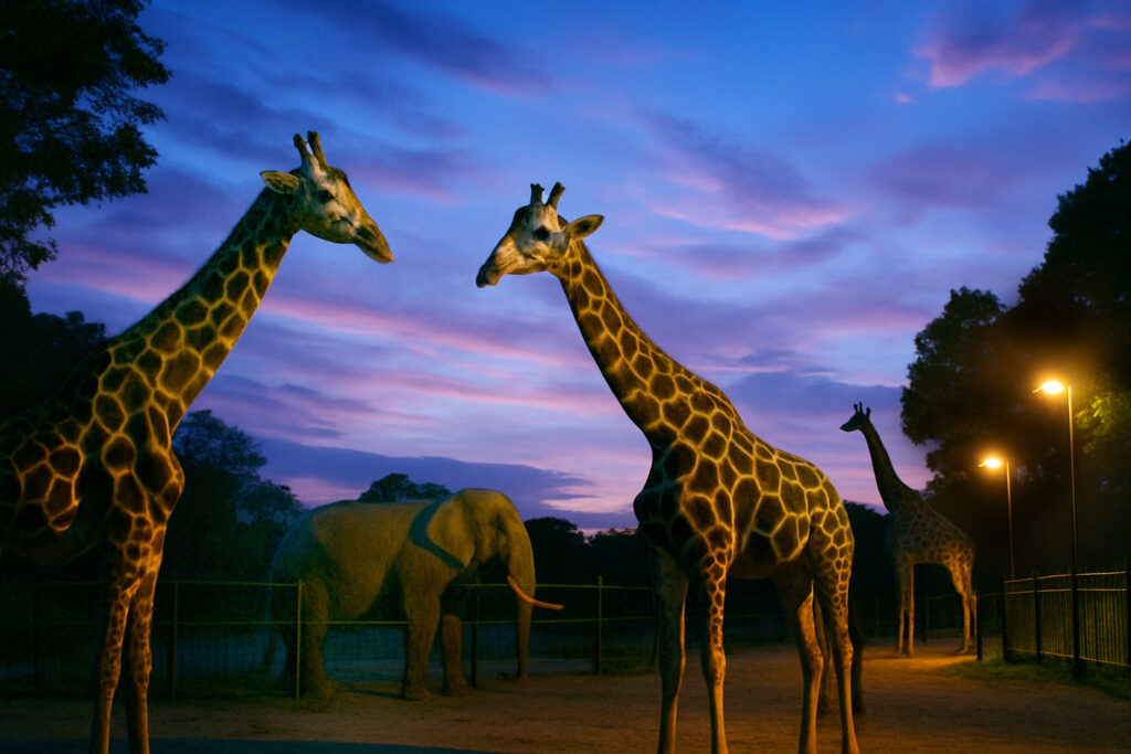 夕暮れ時の動物園で向かい合う2頭のキリンと、奥に立つゾウの姿。街灯に照らされながら、静かな夜の訪れを感じさせる情景。