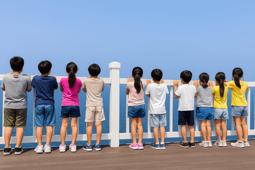 展望デッキの白い柵越しに子どもたちが青い海を眺めている後ろ姿"