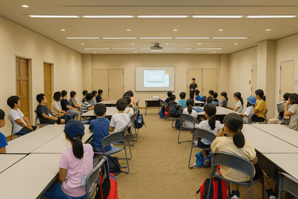 広い会議室で、子どもたちが参加している開会式のような説明会の風景