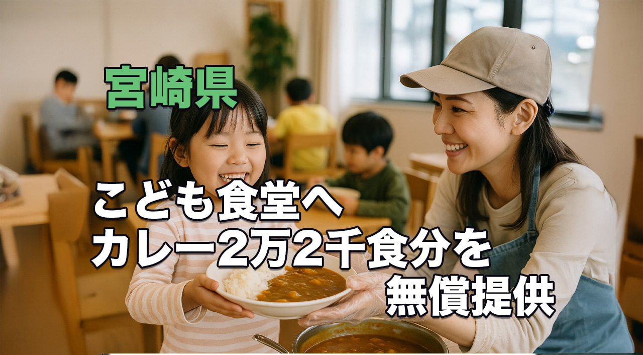 宮崎県、こども食堂へ“カレー2万2千食分”を無償提供 — “食の安心”で子どもたちと地域を支える」｜ほんみや宮崎　アイキャッチ画像