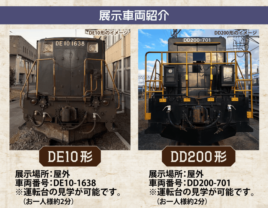機関車DE10形・DD200形 車両見学会を熊本車両センターで開催ー車両を並べて撮った画像