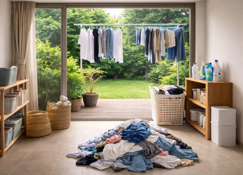 宮崎で「ランドリールーム動線」がうまい工務店の探し方ー濯物をたたむところが無い画像