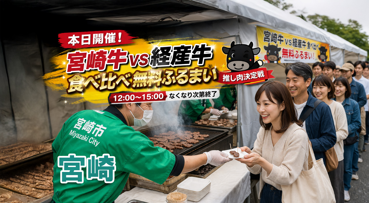 【本日開催】宮崎牛VS経産牛を食べ比べ｜無料ふるまいは何時まで？推し肉決定戦【宮崎市】｜ほんみや宮崎ーアイキャッチ画像