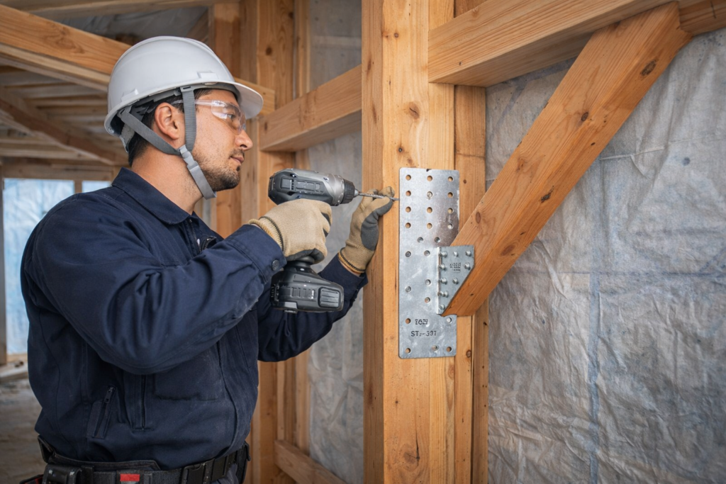 木造住宅の耐震補強工事において、柱と筋交いを専用の接合部金物で強固に固定する建築士による施工監理の様子