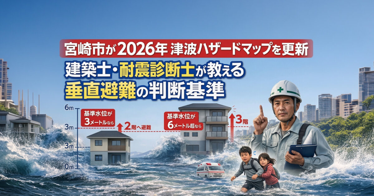 宮崎市が2026年津波ハザードマップを更新。建築士・耐震診断士が教える垂直避難の判断基準ーアイキャッチ画像