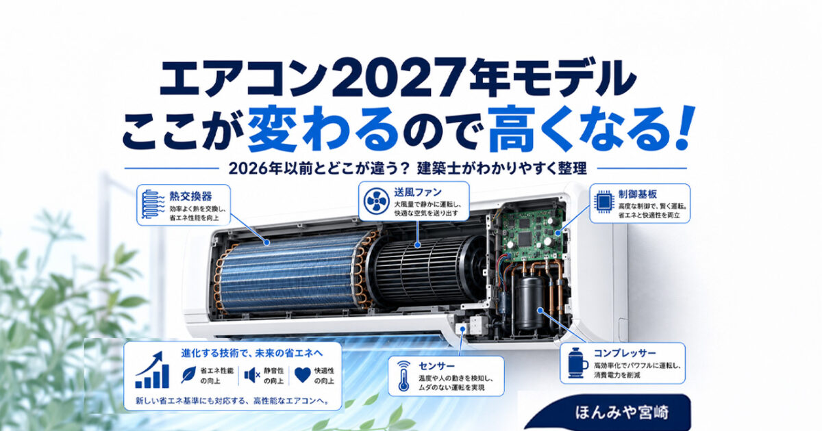 エアコン2027年モデルここが変わるので高くなる！2026年以前とどこが違うのかを建築士がわかりやすく整理｜ほんみや宮崎