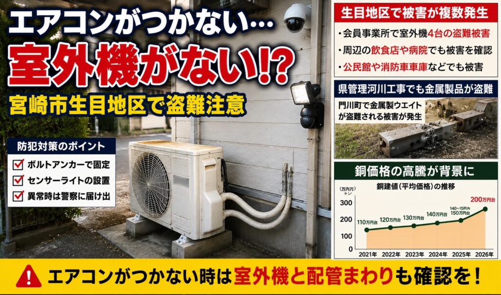 宮崎市生目地区でエアコン室外機の盗難被害　「エアコンがつかない」と思ったら確認したいこと