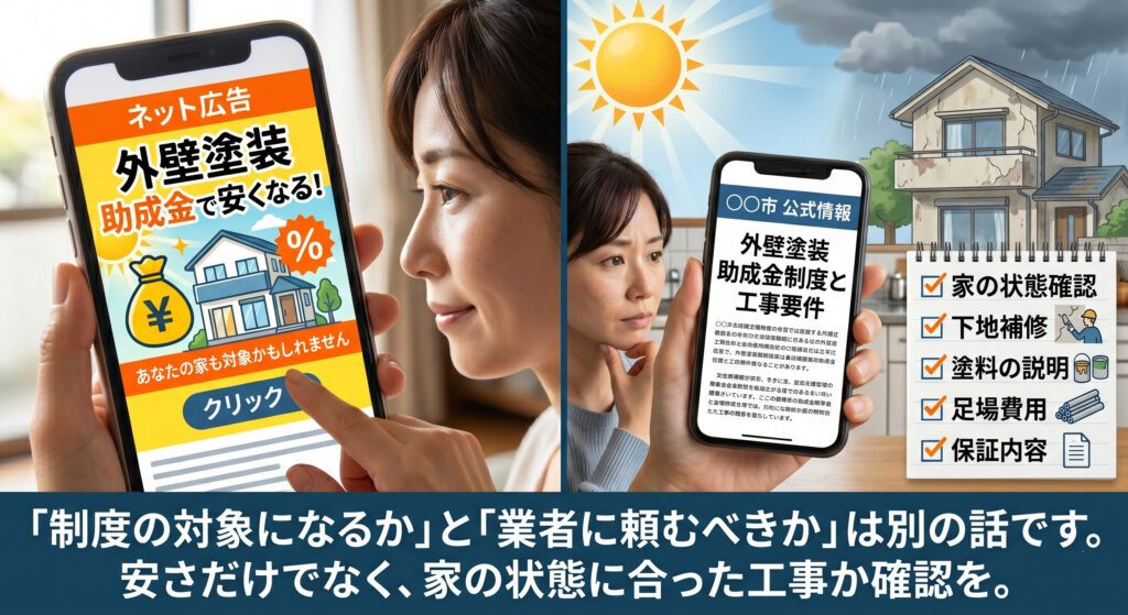 ネット広告の「助成金で安くなる」はそのまま信じすぎない方が安心です
ネット広告の表現は、制度の一部だけを強調している場合があります。
広告を見たら、まず市町村の公式情報と工事条件を確認することが大切です。
外壁塗装の広告では、次のような言葉を見かけることがあります。
助成金で外壁塗装が安くなる
あなたの家も対象かもしれません
今なら補助金が使えます
火災保険で直せる可能性があります
これらの言葉自体がすべて悪いわけではありません。
ただし、「制度の対象になるか」と「その業者に頼むべきか」は別の話です。
助成金が使える可能性があっても、外壁の状態確認、下地補修、塗料の説明、足場費用、保証内容が不十分なら安心とは言えません。
宮崎では、台風、強い日差し、湿気の影響で外壁や屋根が傷みやすい家もあります。
安さだけでなく、家の状態に合った工事かどうかを確認することが大切です。
