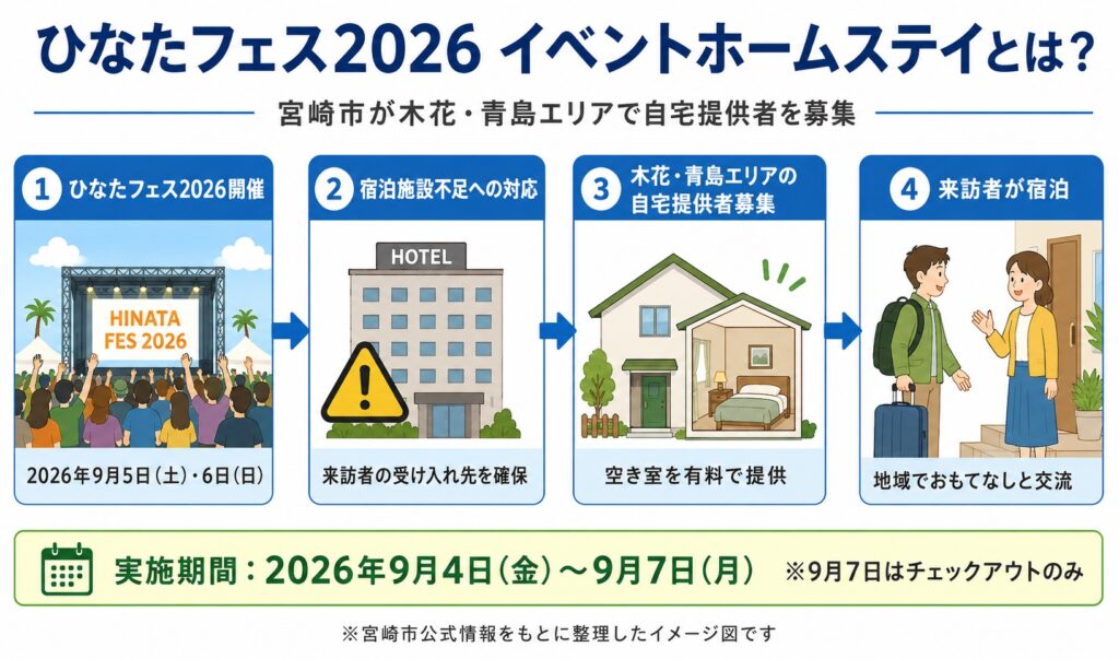 ひなたフェス2026に向け宮崎市がイベント民泊を実施へ！　木花・青島エリアで自宅提供者を募集｜ほんみや宮崎