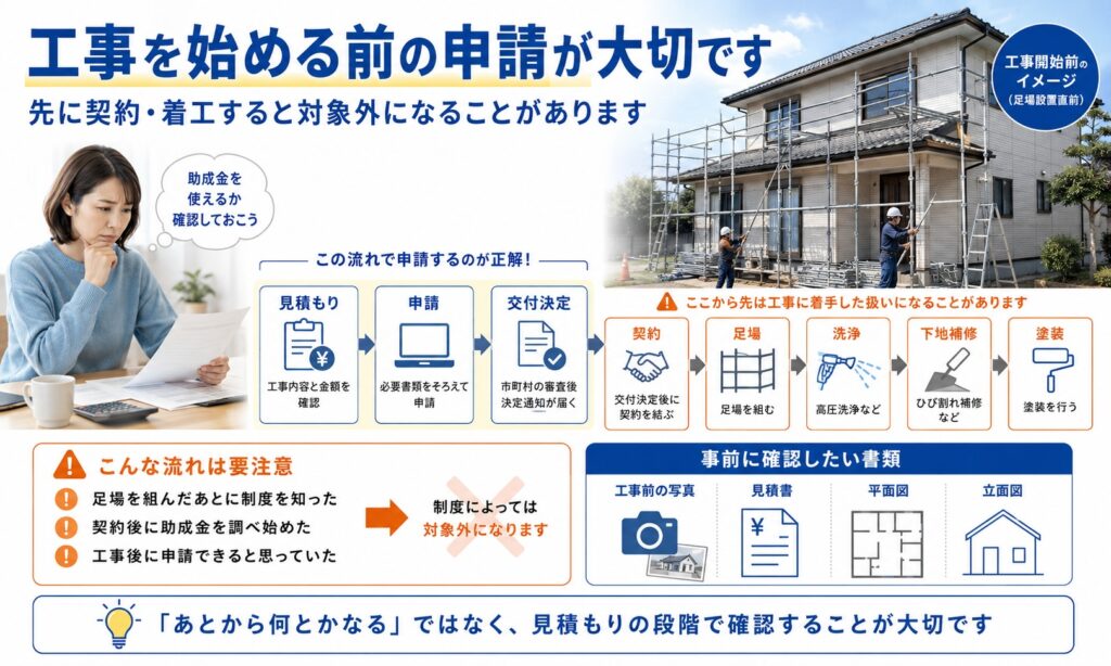 補助金や助成金は、工事を始める前の申請が条件になることが多いです。
先に契約や着工をしてしまうと、対象外になる場合があります。