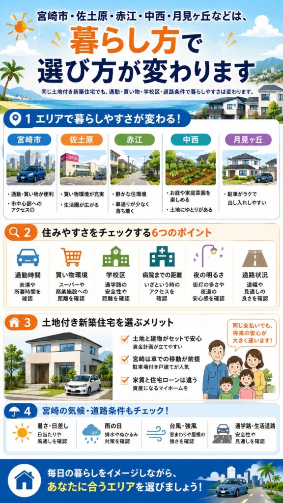 宮崎市・佐土原・赤江・中西・月見ヶ丘などは、暮らし方で選び方が変わります
