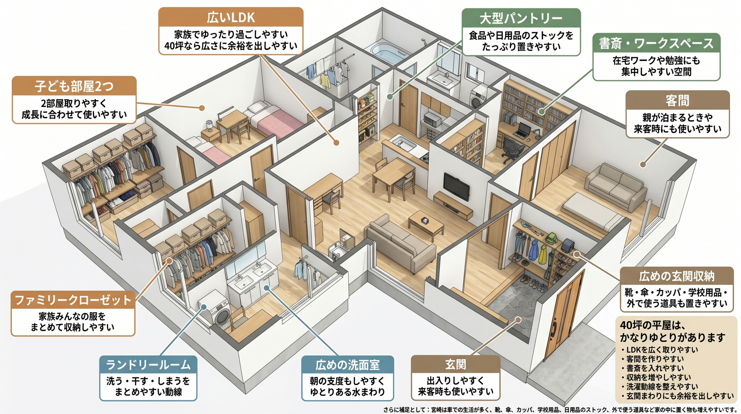 40坪の平屋は客間や書斎まで考えやすい間取りイメージ