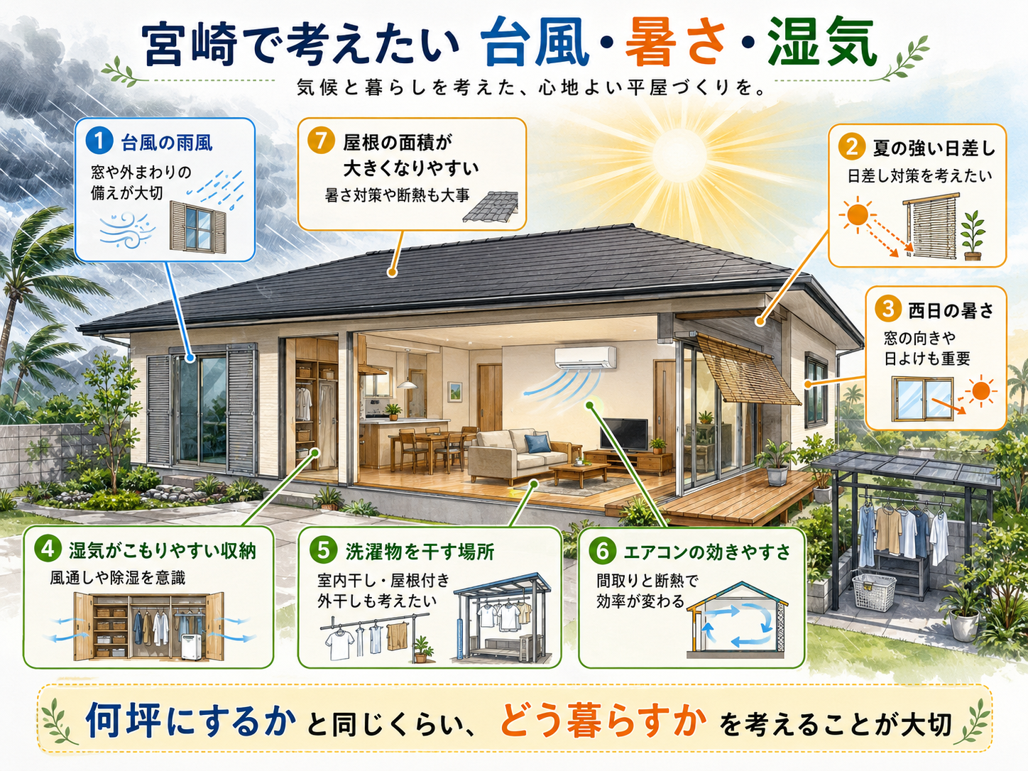 宮崎で平屋を建てるときに考えたい台風・暑さ・湿気対策