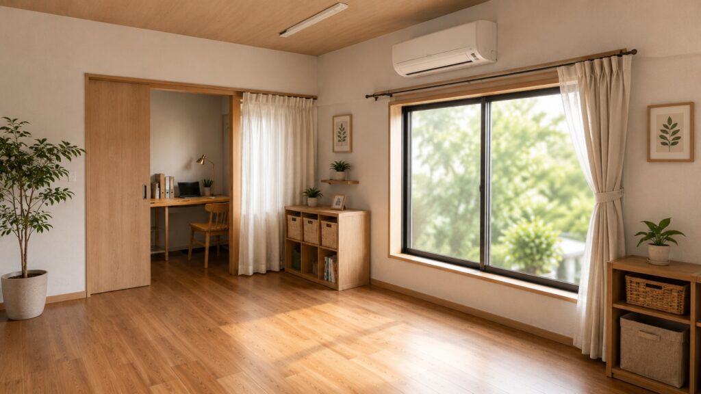 エアコンの下は工事しやすいようにスペースを空けておく