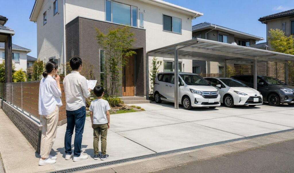 外構費
駐車場、フェンス、カーポート、庭まわり、土間コンクリートなどです。
宮崎では車2台、3台分の駐車スペースを考える家庭も多いため、外構費が大きくなることがあります。
建物価格だけで予算を組むと、外構が後回しになり、完成後に追加費用で苦しくなることがあります。