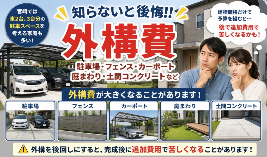 外構費を後回しにしている
建物価格だけで予算を組み、外構費を後から考えると、最終的な総額が上がりやすくなります。
駐車場、フェンス、カーポート、庭の整備まで含めて考えることが大切です。