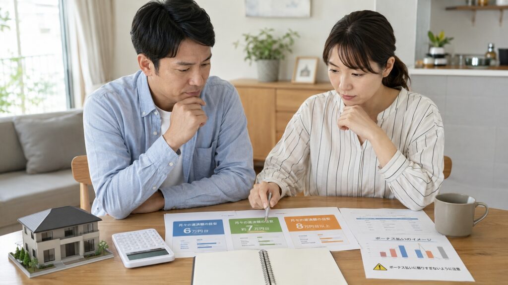 借入額の目安は「返済額」から逆算する
住宅ローンを考えるときは、最初に借入額を見るよりも、
月々いくらなら払えるか
から逆算する方が安全です。
たとえば、
月6万円台なら安心
月7万円台までなら何とかいける
月8万円を超えると不安
このように、まず自分の家計で無理のない月々返済額を決めます。
そのうえで、金利、返済期間、頭金、ボーナス払いの有無を確認して、借入額を考えます。
特に注意したいのは、ボーナス払いです。
ボーナスは会社の業績や景気によって変わることがあります。
毎月返済を低く見せるためにボーナス払いを大きくすると、将来の負担が重くなる場合があります。
宮崎で長く安心して暮らすなら、できるだけボーナス払いに頼りすぎない返済計画にしておく方が安全です。