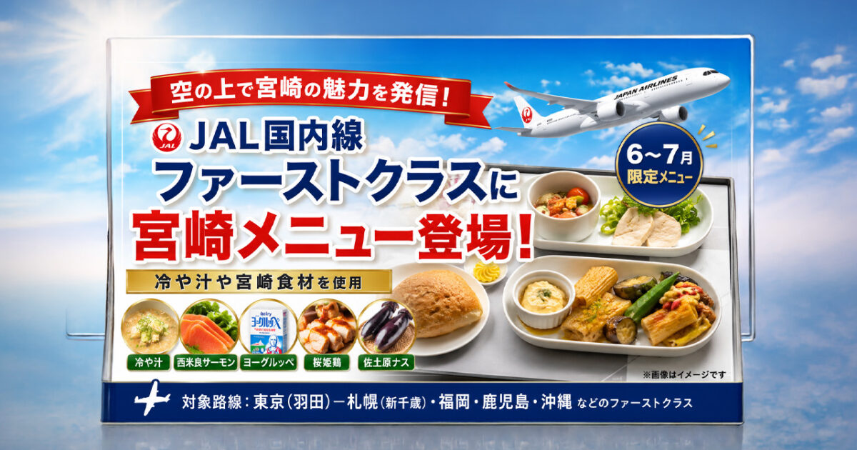 JAL国内線ファーストクラスに宮崎メニュー登場　冷や汁や西米良サーモン、ヨーグルッペも｜ほんみや宮崎