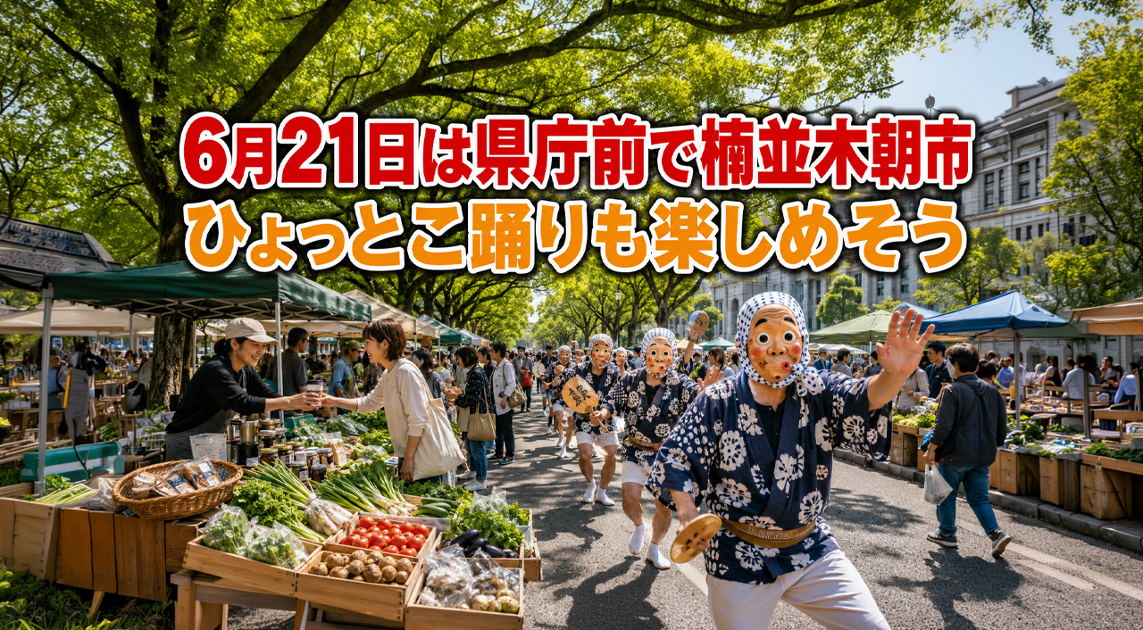 6月21日は県庁前で楠並木朝市。ひょっとこ踊りの練り歩きも楽しめそうです｜ほんみや宮崎