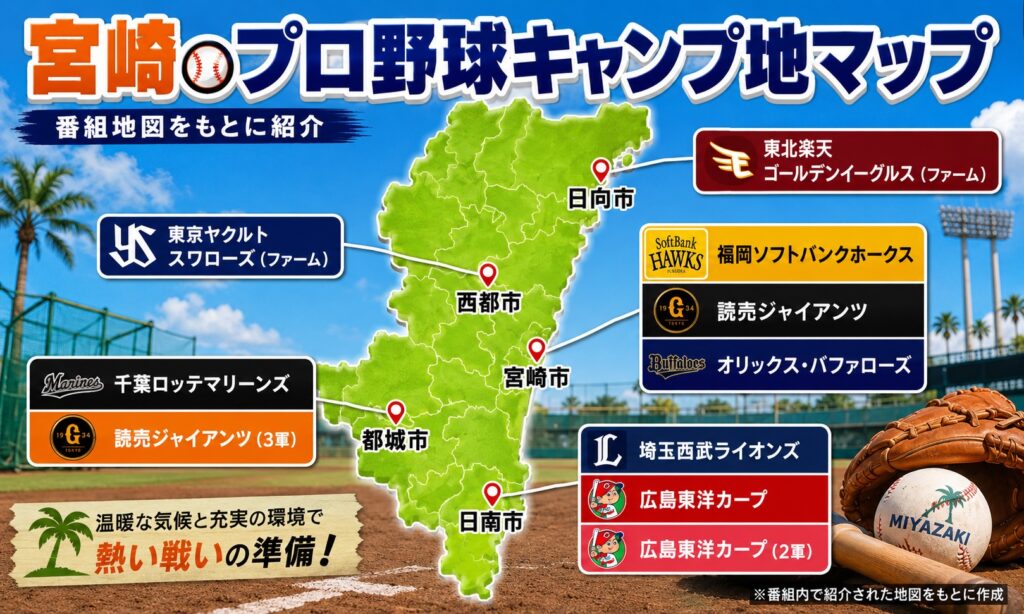 読売ジャイアンツ、福岡ソフトバンクホークス、オリックス・バファローズ、広島東洋カープ、東京ヤクルトスワローズ、東北楽天ゴールデンイーグルス、埼玉西武ライオンズ、千葉ロッテマリーンズなど、複数の球団が宮崎でキャンプを行うことも紹介されていました。