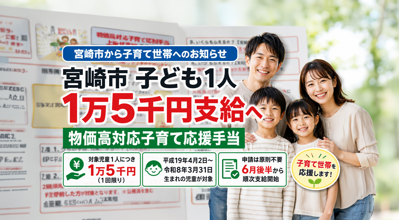 宮崎市で子ども1人あたり1万5千円支給へ　物価高対応子育て応援手当の申請不要・必要な人を確認｜ほんみや宮崎