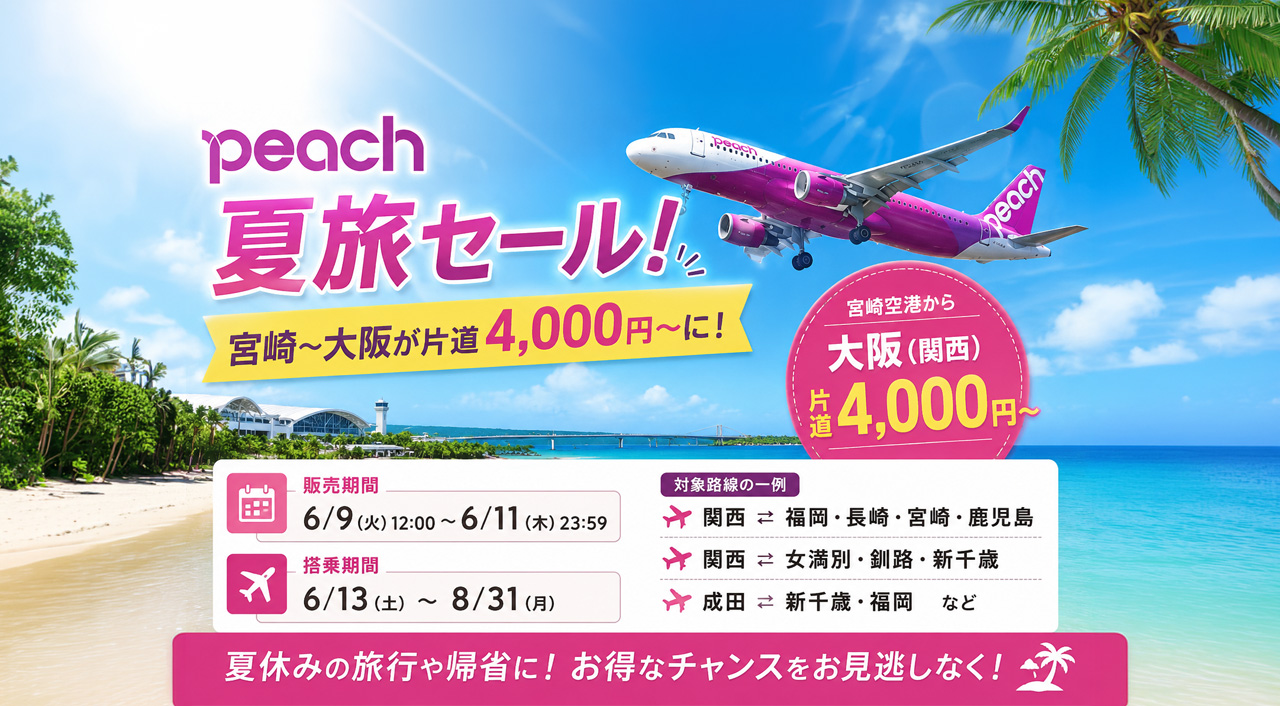 Peachが夏旅セール開催！宮崎〜大阪が片道4,000円〜に|ほんみや宮崎