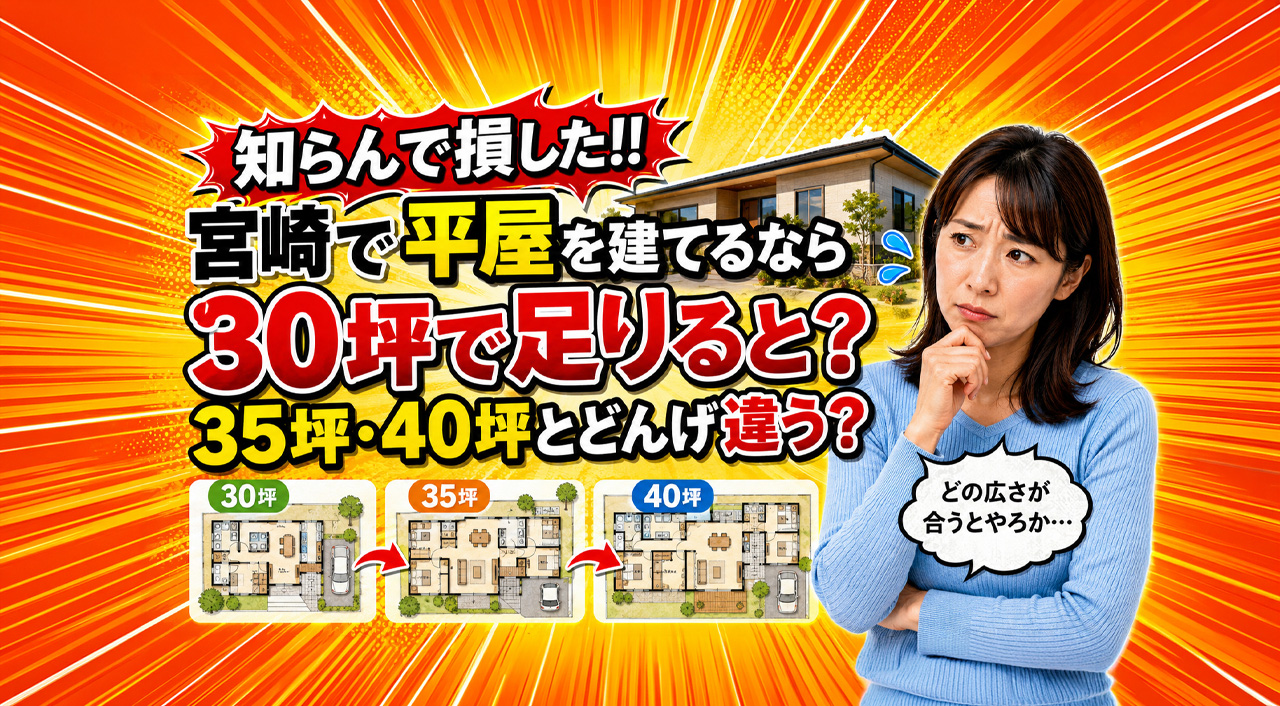 知らんで損した！宮崎で平屋を建てるなら30坪で足りると？35坪・40坪とどんげ違う？｜ほんみや宮崎