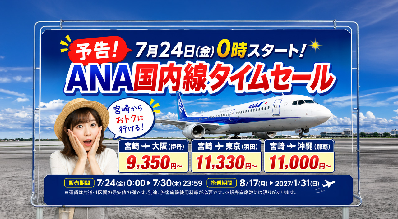 【予告】ANA国内線タイムセールが7月24日0時開始　宮崎発は大阪9,350円から｜ほんみや宮崎