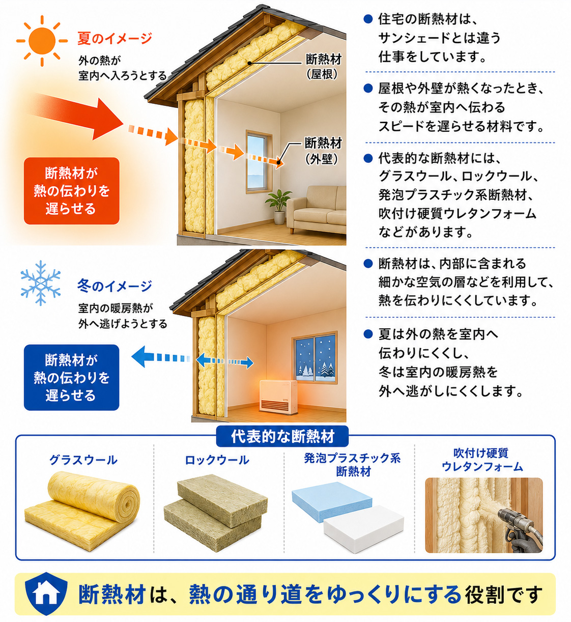 住宅の断熱材は、熱が伝わるスピードを遅らせます