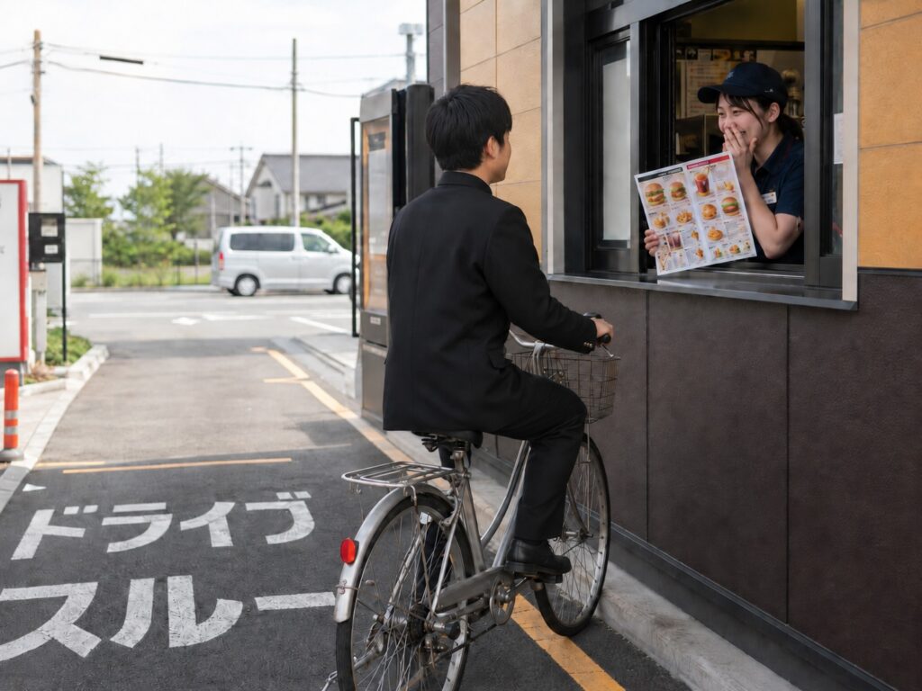 自転車でドライブスルーをしている様子
