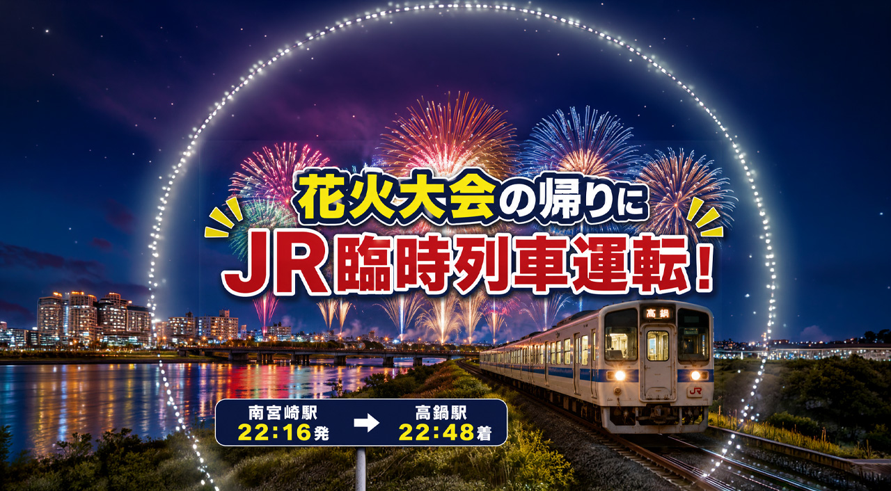 みやざき納涼花火大会2026でJR臨時列車運転｜南宮崎22時16分発・高鍋行き｜ほんみや宮崎