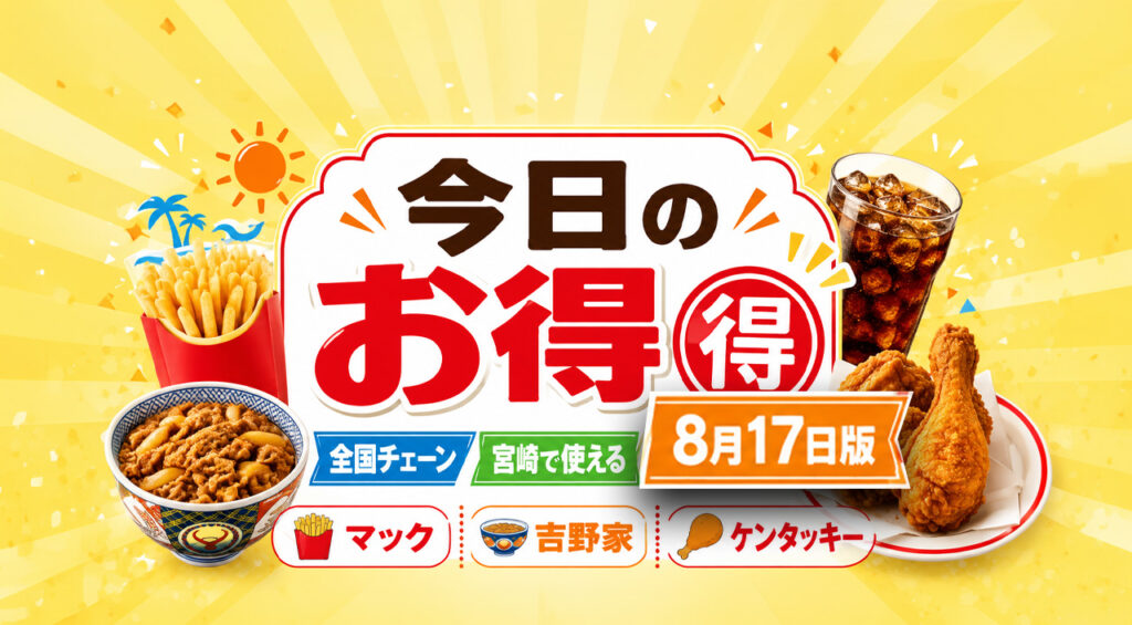 今日8月17日（月）、宮崎でも使える全国チェーンのお得情報をまとめました。｜ほんみや宮崎