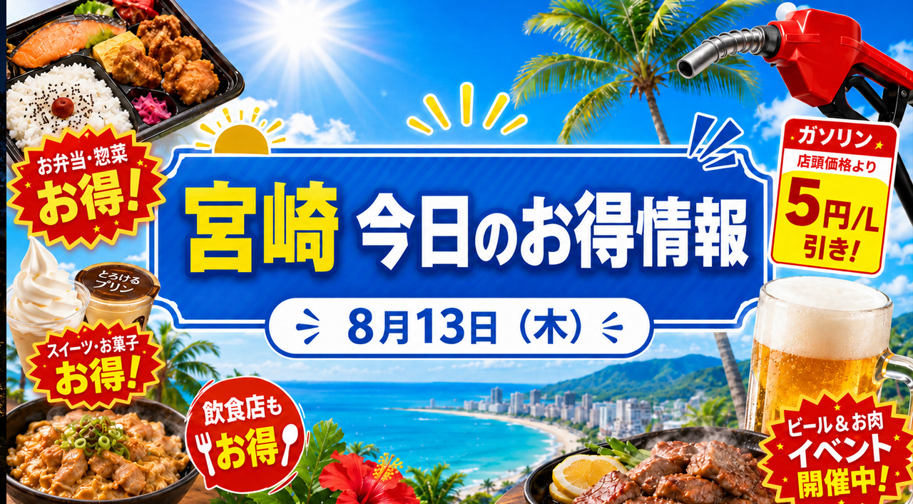 【宮崎】明日8月13日のお得情報！ファミマ45％増量・ローソン無料券・ガソリン最大8円/L引き｜ほんみや宮崎