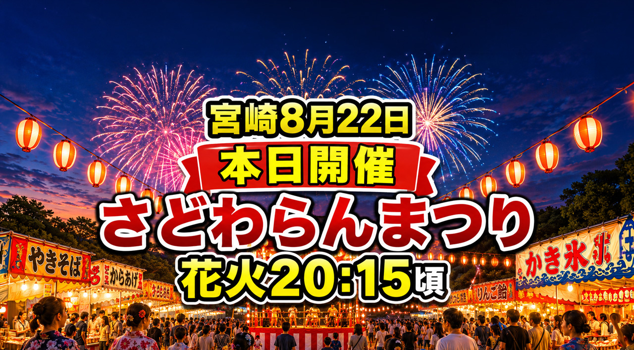 【宮崎8月22日】本日開催！第17回さどわらんまつり｜花火20:15頃・無料シャトルバスも｜ほんみや宮崎
