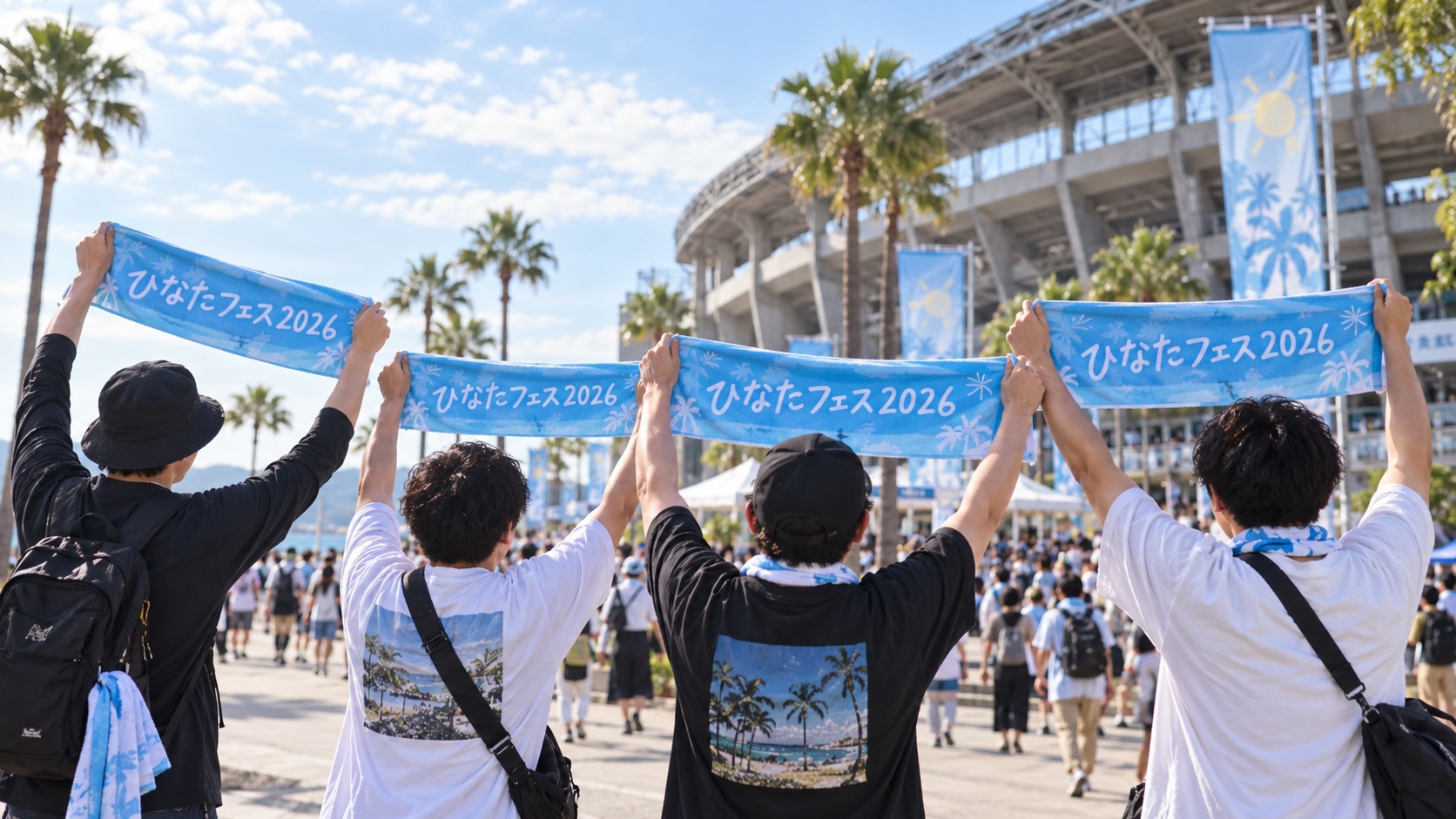 宮崎でひなたフェス2026のタオルを掲げるおひさまたち