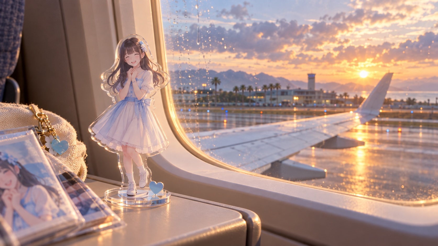 飛行機の窓と推しのアクリルスタンド