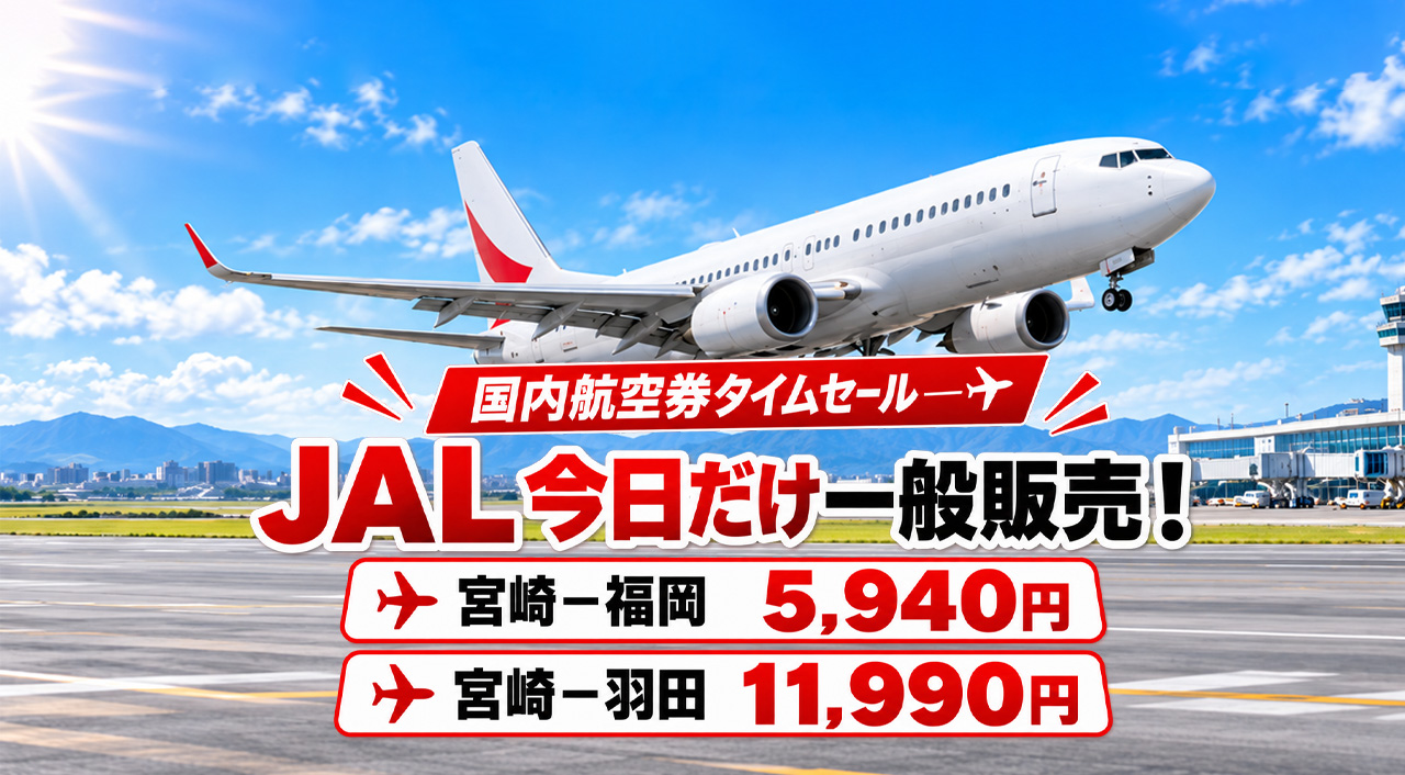 JAL国内線タイムセール一般販売は9月9日だけ！宮崎－福岡5,940円、羽田11,990円｜ほんみや宮崎