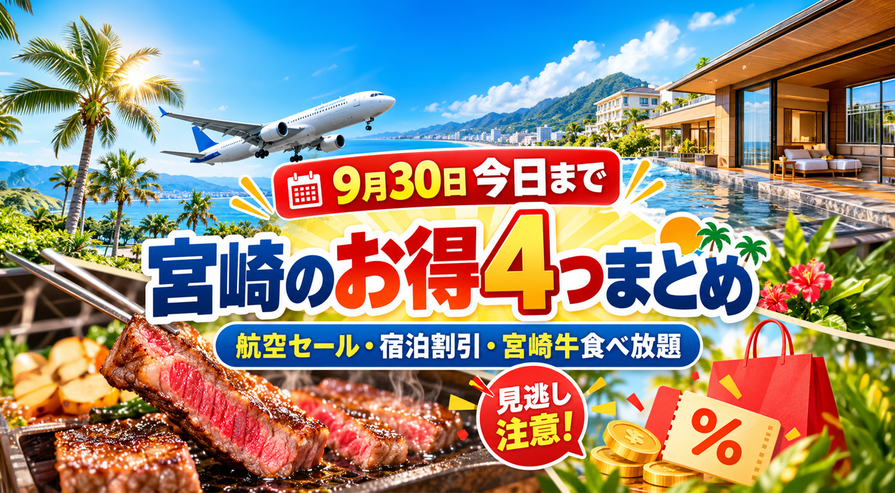 【今日9/30まで】宮崎のお得4つまとめ！航空セール・宿泊最大30％OFF・宮崎牛食べ放題も最終日