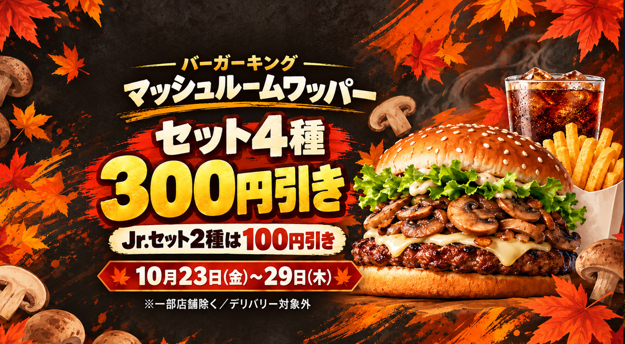 バーガーキングのマッシュルームワッパーセット4種が300円引き、Jr.セット2種が100円引きとなる10月23日〜29日の公式キャンペーン告知