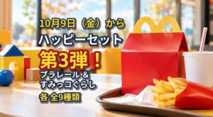【10月9日から】ハッピーセット第3弾！プラレール＆すみっコぐらし全9種類が対象｜ほんみや宮崎