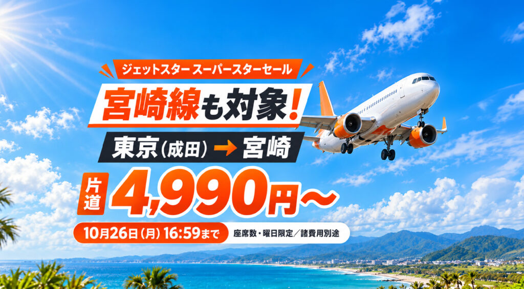 【宮崎〜東京（成田）4,990円から】ジェットスター「スーパースターセール」開催中！10月26日16:59まで