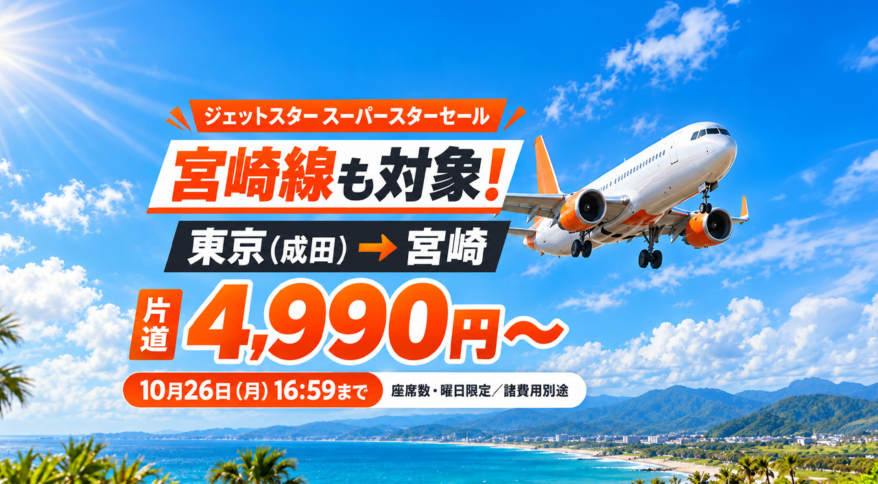 【宮崎〜東京（成田）4,990円から】ジェットスター「スーパースターセール」開催中！10月26日16:59まで