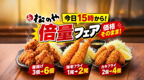 【宮崎の松のや】今日15時から倍量フェア！唐揚げ6個・カキフライ4個、価格そのまま